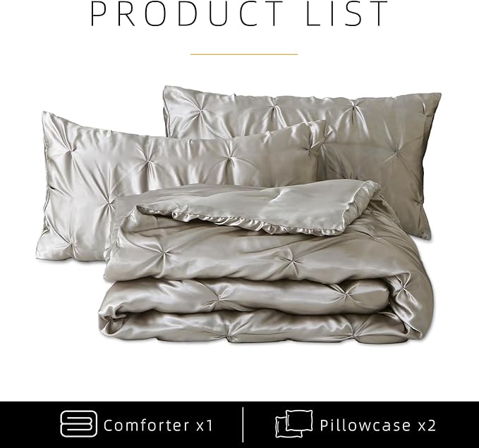 Satin Comforter Set King Size, 3-Piece Light Grey Pinch Pleat Bedding Sets, Comforter, Pillowcases, Offering Exceptionally Soft and Smooth Comfort for All Season Use