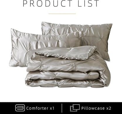 Satin Comforter Set King Size, 3-Piece Light Grey Pinch Pleat Bedding Sets, Comforter, Pillowcases, Offering Exceptionally Soft and Smooth Comfort for All Season Use