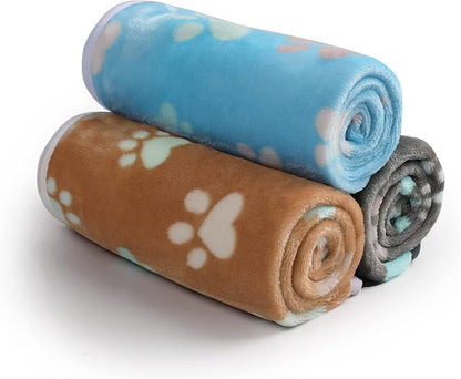 Luciphia 1 Pack 3 Blankets Fluffy Premium Fleece Pet Blanket Flannel Paw Printed Throw for Dog Cat(Small 23x16'', Grey/Brown/Blue)