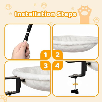 Desk-Mounted Cat Hammock Bed, Clamp-On Pet Perch, Soft Faux Fur, No-Drill Install, Washable Pad, 16.5" Round, Supports 50 lb, Space-Saving Home Office