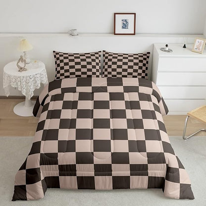 Feelyou Checkered Retro Bedding Set Teen Women Men Gradient Brown Plaid Comforter Set King Size Kids Boys Girls Geometric Vintage Duvet Insert Modern Simple Groovy Aesthetic Room Decor