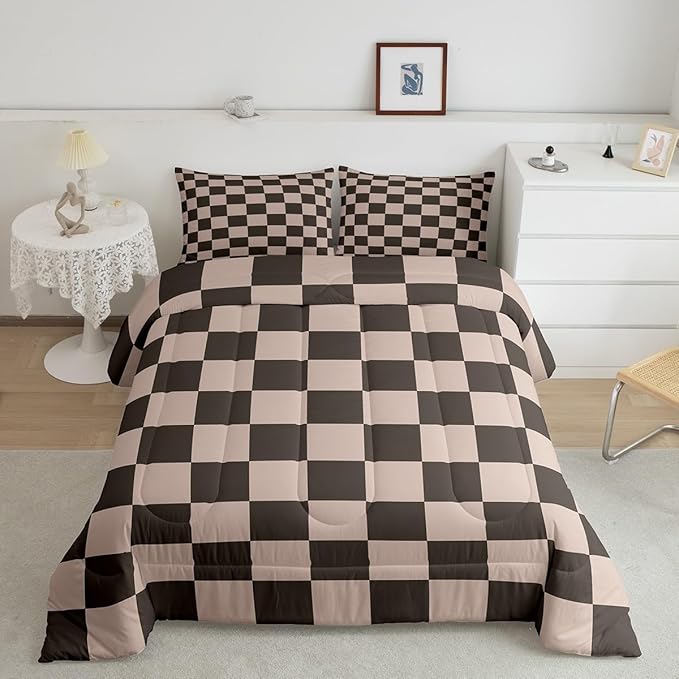 Feelyou Checkered Retro Bedding Set Teen Women Men Gradient Brown Plaid Comforter Set Queen Size Kids Boys Girls Geometric Vintage Duvet Insert Modern Simple Groovy Aesthetic Room Decor