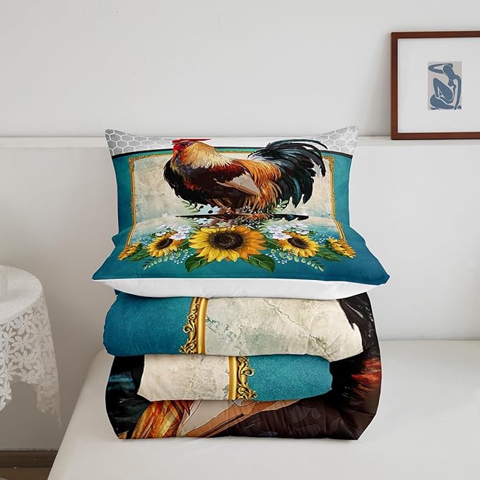 Erosebridal Chicken Comforter Set Queen Size Sunflower Bedding Grey Honeycomb Blue Yellow Rooster Down Farmhouse Wild Animal Leaves Room Decor Comforters & Sets for Adult Kids Boys,Multi 121