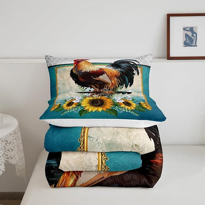 Erosebridal Chicken Comforter Set King Size Sunflower Bedding Grey Honeycomb Blue Yellow Rooster Down Farmhouse Wild Animal Leaves Room Decor Comforters & Sets for Adult Kids Boys, Multi 121