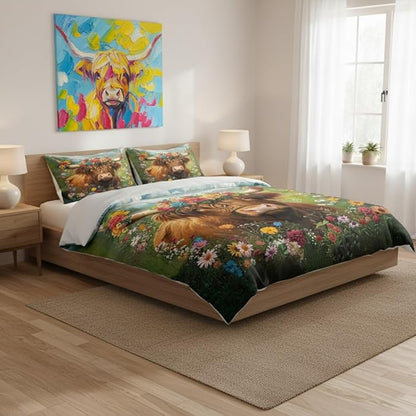 Highland Cow Twin Comforter Set for Girls Boys,Rustic Bedding Set for Boys Children, Warm Microfiber Quilt Set with 1 Pillowcase/68 * 86