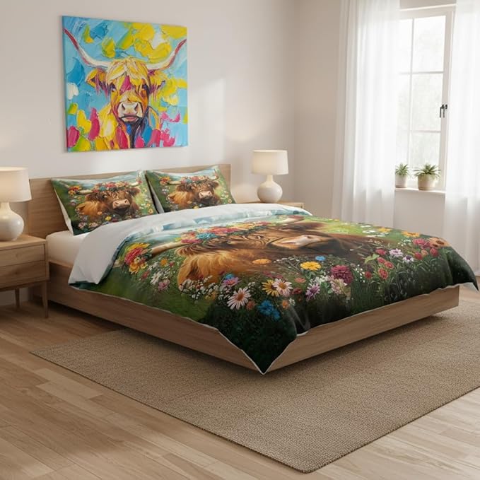 Colorful Cattle Full Size Comforter Sets,Western Bedding Set for Boys Girls,3 Pieces Soft Fluffy Microfiber Bed Set with 2 Pillowcases/79 * 90