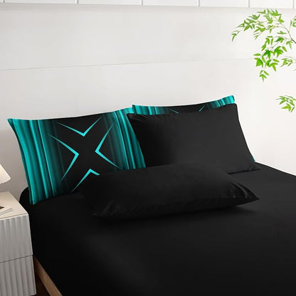 Turquoise Black Geometric Comforter Set King Size 7Pieces,3D Abstract Mordern Printed Bedding Set for Adults,Geometric Mordern Decor All Seasons with Pillowcases,Flat, Fitted Sheet