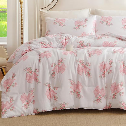Pink Bow Comforter Set Queen 3Pcs Pink Floral Bedding Set for Girls Cute Romantic Princess Style Bowknot Bedding Ultra Soft Microfiber Garden Flower Comforter Sets with 2 Pillowcases