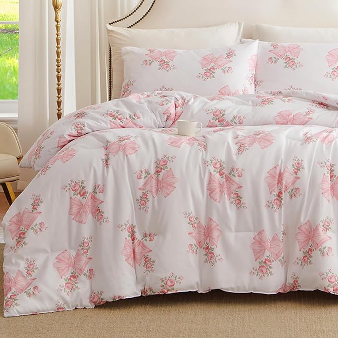 Pink Bow Comforter Set Twin 2Pcs Pink Floral Bedding Set for Girls Cute Romantic Princess Style Bowknot Bedding Ultra Soft Microfiber Garden Flower Comforter Sets with 1 Pillowcase