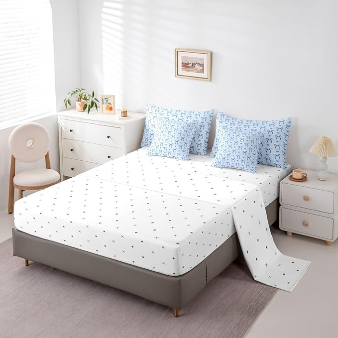 Erosebridal Blue Love Hearts Bowknot Full Comforter Set 7 Pieces | Ribbon Girly Kids Bed in A Bag for Bedroom Cute Dreamy Bow Kawaii Bedding Set with Comforters Adults Women Teens Room Decor