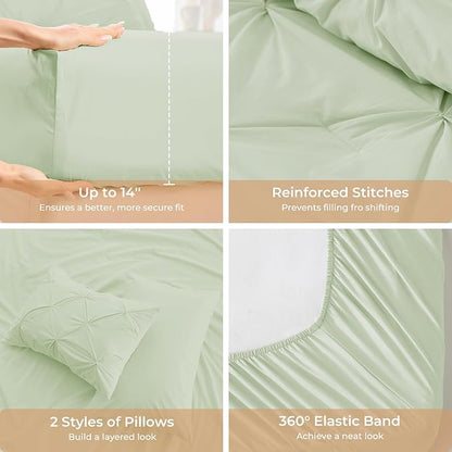 Sasttie King Size Comforter Set, 7-Piece Bed in a Bag, Pintuck Bedding Sets for All Season, Includes Comforter, Flat Sheet, Fitted Sheet, Pillowcases and Pillowshams, Mint