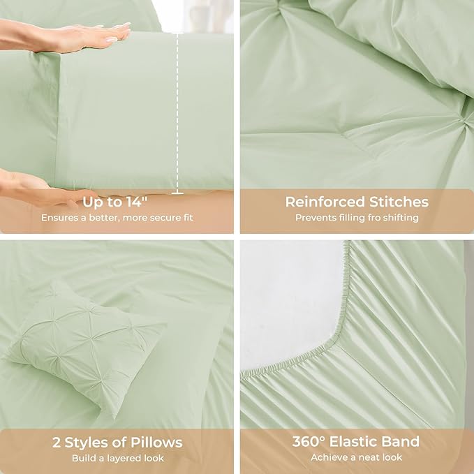 Sasttie Full Size Comforter Set, 7-Piece Bed in a Bag, Pintuck Bedding Sets for All Season, Includes Comforter, Flat Sheet, Fitted Sheet, Pillowcases and Pillowshams, Mint