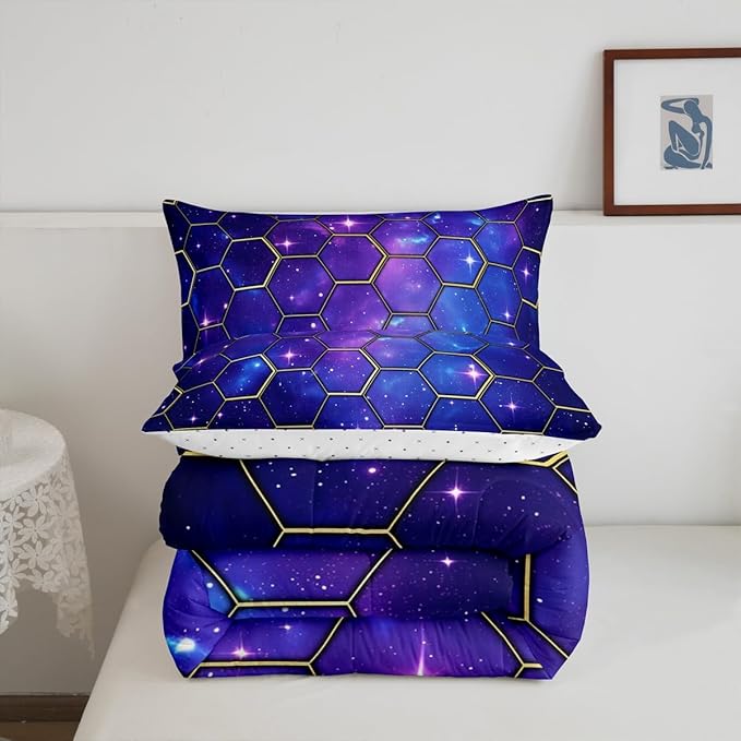 Manfei Yellow Honeycomb Comforter Set Toddler Size, Blue Galaxy Bedding Set 2pcs, Geometric Hexagon Print on Starry Sky Down Comforter for All Season, Kids Boys Girls Room Decor, 1 Pillowcase