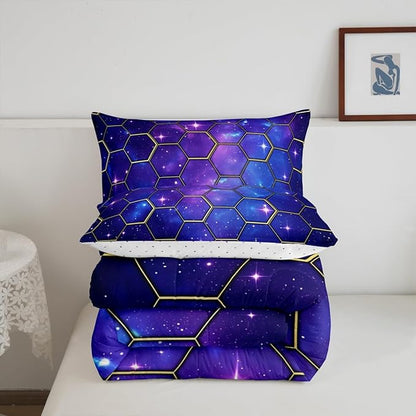 Manfei Yellow Honeycomb Comforter Set King Size, Blue Galaxy Bedding Set 3pcs, Geometric Hexagon Print on Starry Sky Down Comforter for All Season, Kids Boys Girls Room Decor, 2 Pillowcases