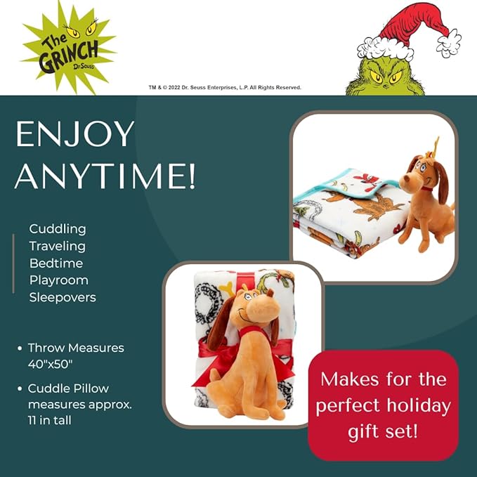 Dr. Seuss The Grinch Max Dog Holiday & Christmas Kids Bedding Super Soft Plush Pillow and Throw 2 Piece Set, 40 in x 50 in (Officially Licensed Product) by Franco