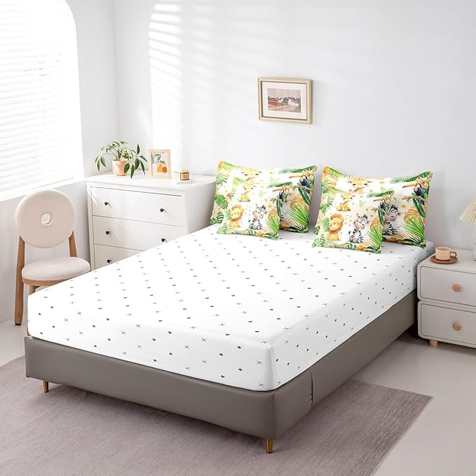 jejeloiu Kids Zoo Animal 7 Piece Bedding Set Full Size Cute Animal Comforter Set with Sheets for Boys Girls Teens Lion Giraffe Elephant Bed in a Bag Tropical Leaves Bed Set