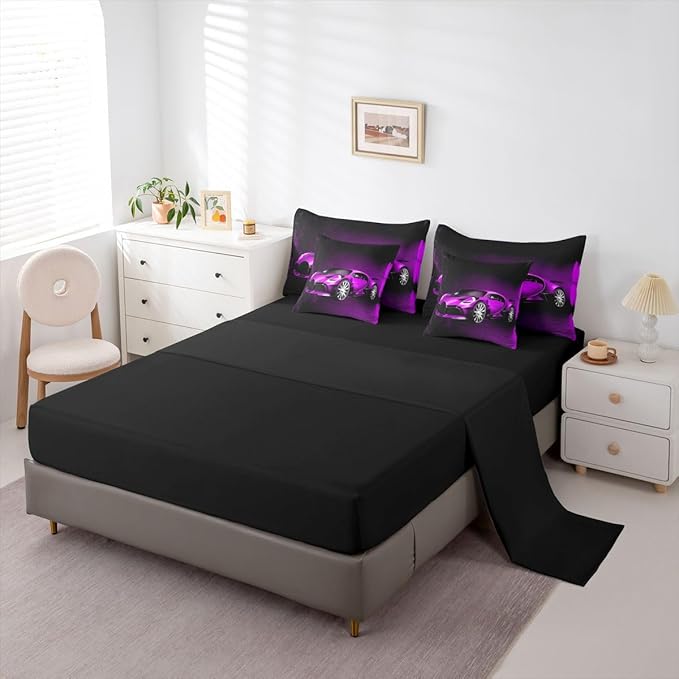 Feelyou Sports Car 7 Piece Bedding Set Purple Race Car Comforter Set with Sheets for Kids Boys Girls Extreme Sports Bed in a Bag Cool Speed Luxury Car Decor Quilt with 1 Pillowcase Twin
