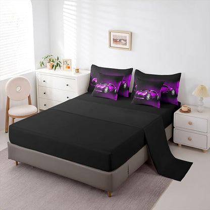 Feelyou Sports Car 7 Piece Bedding Set Purple Race Car Comforter Set with Sheets for Kids Boys Girls Extreme Sports Bed in a Bag Cool Speed Luxury Car Decor Quilt with 2 Pillowcases King