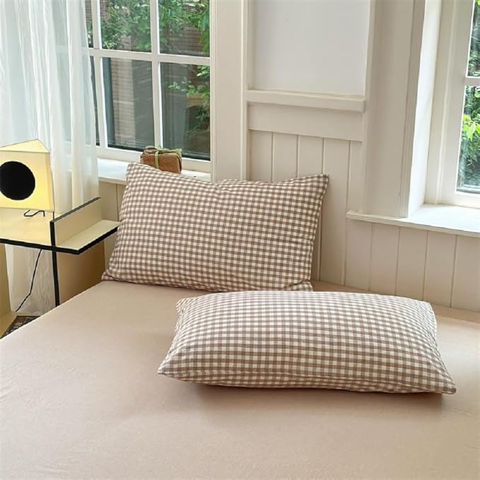 Nayoroom Brown Gingham Comforter Set Queen Size Tan White Plaid Checkered Comforter 3 Pieces Soft Lightweight Grid Dorm Bedding Set for All Seasons