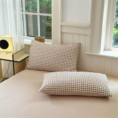 Nayoroom Brown Gingham Comforter Set Queen Size Tan White Plaid Checkered Comforter 3 Pieces Soft Lightweight Grid Dorm Bedding Set for All Seasons