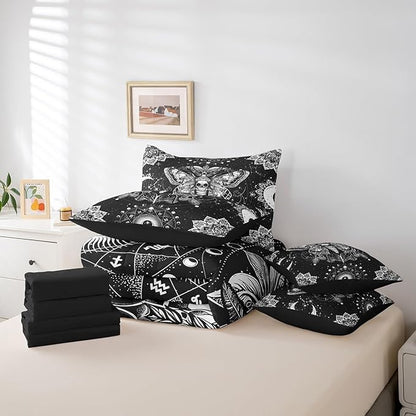 Feelyou Death Moth Bed in a Bag with Comforter, King Size 7Pcs Halloween Decorations Bedding Set with Comforter, Women Men Ultra Soft Skull Moth Decor Comforter Boho Room Decor