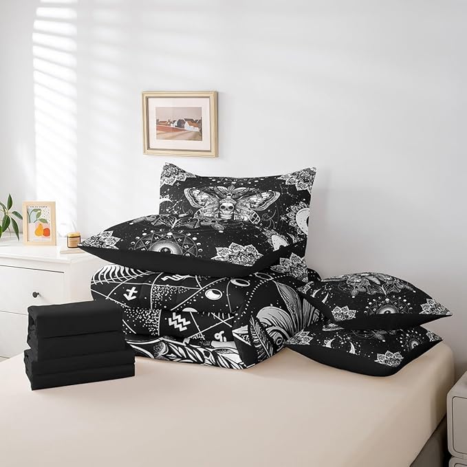 Feelyou Death Moth Bed in a Bag with Comforter, Twin Size 7Pcs Halloween Decorations Bedding Set with Comforter, Women Men Ultra Soft Skull Moth Decor Comforter Boho Room Decor