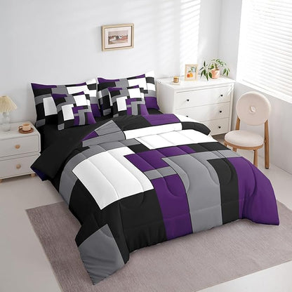 Erosebridal 7 Pcs Purple Black White Comforter Set Full Size,Geometric Bed in a Bag with Flat Sheet and Fitted Sheet for Kids and Adults,Modern Square Bedding Set with Pillowcases and Cushion Cases