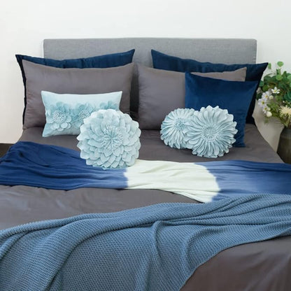 JWH 3D Flower Throw Pillow Cover Decorative Round Cushion Cover Handmade Pillowcase Soft Velvet Pillow Case Bed Couch Living Room 12 Inch Light Blue