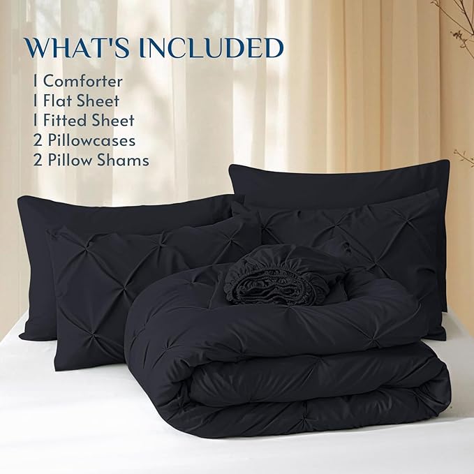 JOLLYVOGUE Full Size Comforter Sets 7 Pieces - Bed in a Bag Full for All Season, Pintuck Bedding Comforter Sets with Comforter, Flat Sheet, Fitted Sheet and Pillowcases & Shams, Black