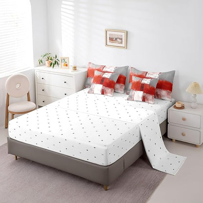 Erosebridal Red White Gray Twin Comforter Set 7pcs Aesthetic Bed in a Bag, Modern Watercolor Bedding Comforter Sets (1 Comforter + 1 Fitted Sheet + 1 Flag Sheet + 2 Pillowcase + 2 Throw Pillow Cover)