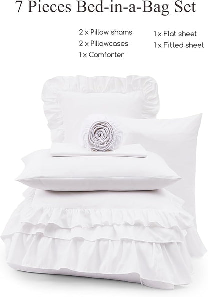 King Size Comforter Set White, Ruffle Shabby Chic Bedding Set Farmhouse 7 Pieces, All Season Fluffy Bed in a Bag with Sheets, Pillowcases & Shams