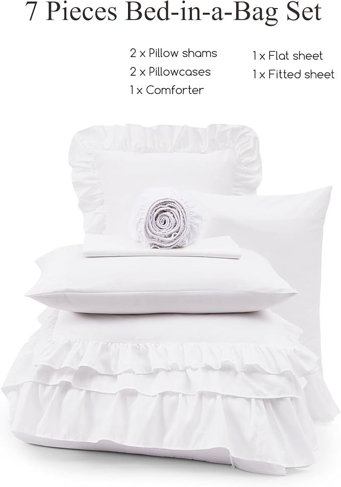 Full Comforter Set White, Ruffle Shabby Chic Bedding Set Farmhouse 7 Pieces, All Season Fluffy Bed in a Bag with Sheets, Pillowcases & Shams