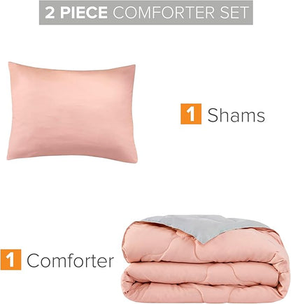 Comfort Spaces Vixie Reversible Comforter Set - Trendy Casual Geometric Quilted Cover, All Season Down Alternative Cozy Bedding, Matching Sham, Coral/Gray, Twin/Twin XL 2 piece