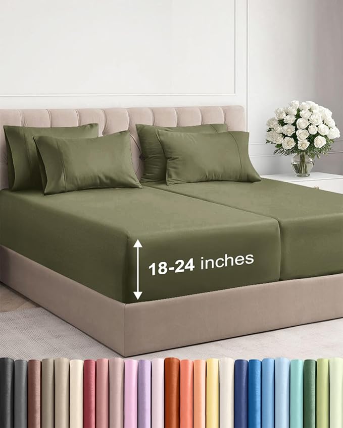 Extra Deep Split King Sheet Set - 7 Piece Breathable and Cooling Sheets - Hotel Luxury Bedding for Women, Men, Kids & Teens - Easy Secure Fit - Soft & Wrinkle Free - Extra Deep Pockets - Sage Green