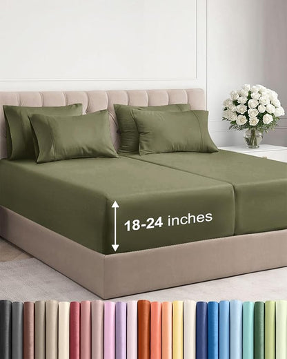 Extra Deep Split King Sheet Set - 7 Piece Breathable and Cooling Sheets - Hotel Luxury Bedding for Women, Men, Kids & Teens - Easy Secure Fit - Soft & Wrinkle Free - Extra Deep Pockets - Sage Green
