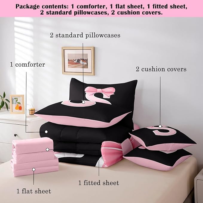 jejeloiu Kawaii Pink Bow King Comforter Set with Sheets,Gifts for Women Teen Girl,Monogrammed 7 Piece Bedding Set,Soft Personalized Initial Letter S Bed in a Bag with Comforter,Sheets,Pillowcases
