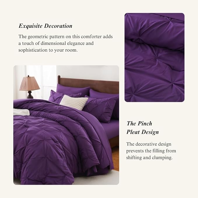 Sheet&Joy King Size Comforter Set, 7-Piece Bed in a Bag, Pintuck Bedding Set for All Season, Includes Comforter, Flat Sheet, Fitted Sheet, Pillowcases and Pillowshams, Purple