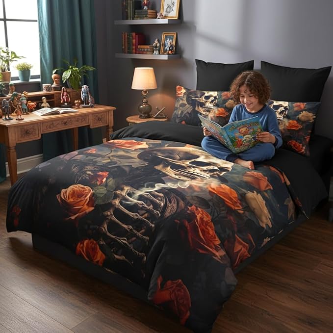 Gothic Skull Comforter Set Queen Size, Dark Floral Microfiber Bedding Set, Horror Themed Bedroom Decor for Adult/Women