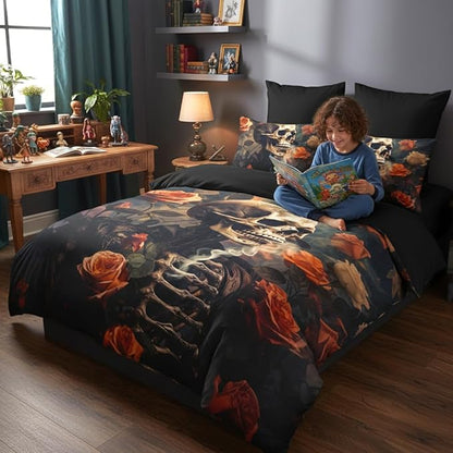 Gothic Skull Comforter Set Queen Size, Dark Floral Microfiber Bedding Set, Horror Themed Bedroom Decor for Adult/Women