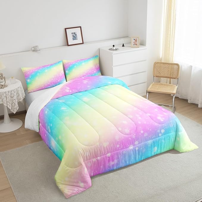 Feelyou Rainbow Comforter Set Toddler, Tie Dye Pastel Bedding Set Stars Glitter Comforter for Kids Colorful Stripes Bedspread C Room Decor with 1 Pillow Case