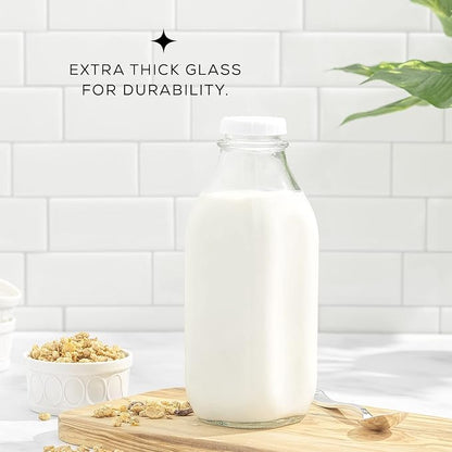 JoyJolt Glass Milk Bottles with Lids and Pourer – 32 Oz, 3 Pack Airtight Heavy Duty Reusable Glass Bottles, Leakproof, BPA-Free, Food Grade, Dishwasher Safe Jug, Pitcher for Milk, Juice, and Water