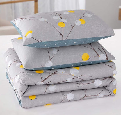 SLEEPBELLA Comforter Queen Size, 600 Thread Count Cotton Grey Branch with Yellow Turquoise Polka Dot Pattern Green Reversible Comforter Set,Down Alternative Bedding Set 3Pcs (Queen, Grey Branch)