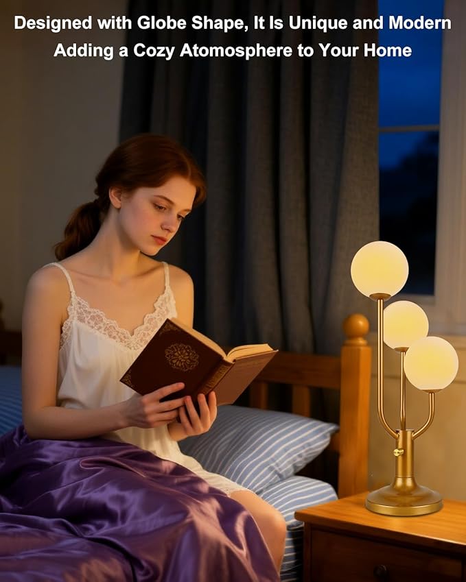 Modern Gold Globe Table Lamp Dimmable Mid Century 3-Light Desk Lamp 3000K Warmwhite Nightstand Lamp for Bedroom Bedside End Table(G9 Bulb Included)