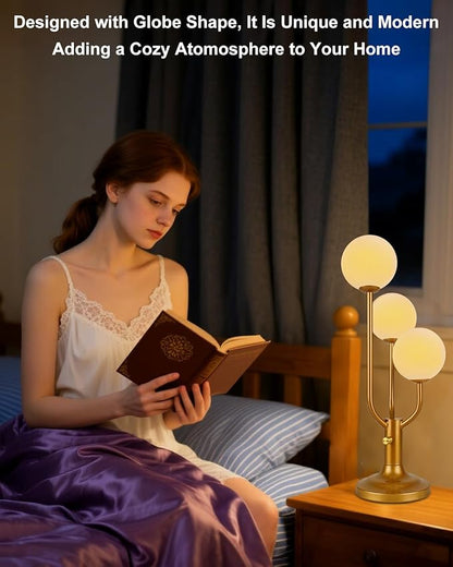 Modern Gold Globe Table Lamp Dimmable Mid Century 3-Light Desk Lamp 3000K Warmwhite Nightstand Lamp for Bedroom Bedside End Table(G9 Bulb Included)