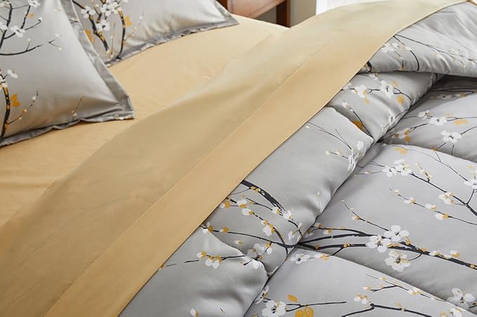 Gray Comforter Sheet Set Bed in a Bag 7 Pieces Cal King Size Tree Branch Bloom Flower Bedding Set (1 California King Comforter 2 Pillow Shams 1 Tan Flat Sheet 1 Fitted Sheet 2 Pillowcases)