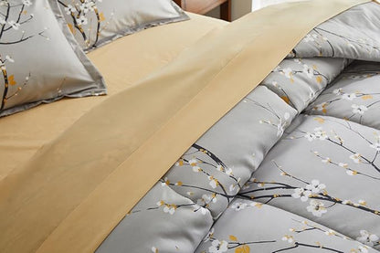 Gray Comforter Sheet Set Bed in a Bag 7 Pieces Cal King Size Tree Branch Bloom Flower Bedding Set (1 California King Comforter 2 Pillow Shams 1 Tan Flat Sheet 1 Fitted Sheet 2 Pillowcases)