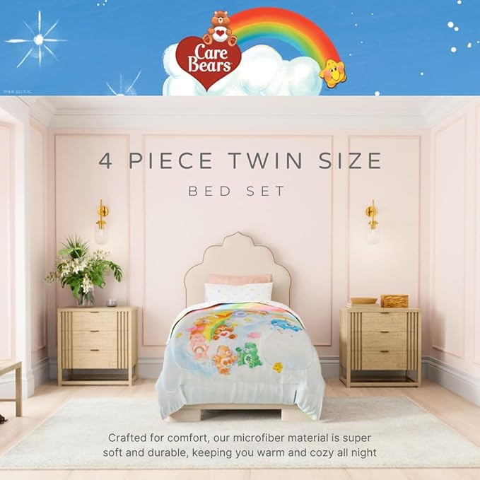 Care Bears Classic Super Soft Cozy Reversible Microfiber Comforter and Sheet Set, 4 Piece Twin Size, (Official Licensed Product) by Franco Collectibles