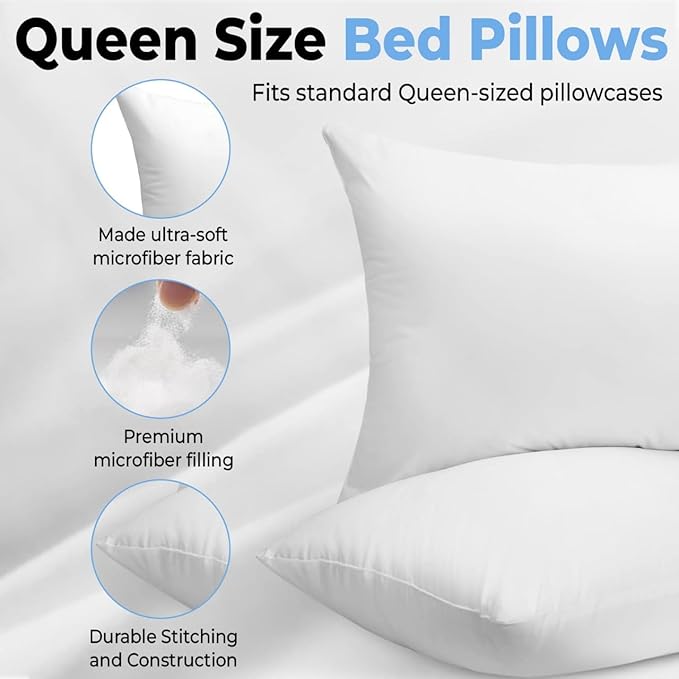 King Size Bed Pillows - Set of 2, Medium Density, Soft and Supportive for Back, Side, and Stomach Sleepers((King -White), Pack of 2)