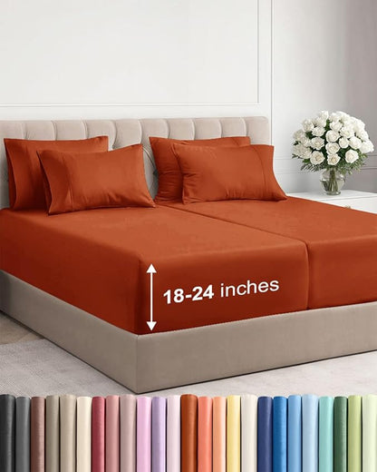 Extra Deep Split King Sheet Set - 7 Piece Breathable and Cooling Sheets - Hotel Luxury Bedding for Women, Men, Kids & Teens - Easy Secure Fit - Soft & Wrinkle Free - Extra Deep Pockets - Terracotta