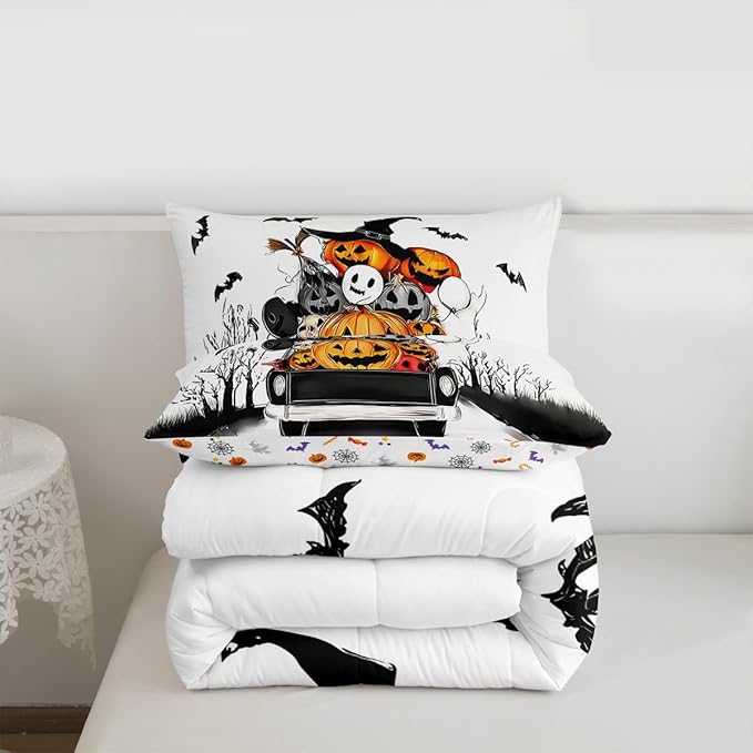 Erosebridal Halloween Decorations Comforter Set, Halloween Pumpkin Bedding Set Toddler for Kids Boys Teens Men Gothic Room Decor, Fall Pumpkin Comforter, Black Bat Ghost Orange White Black Quilt